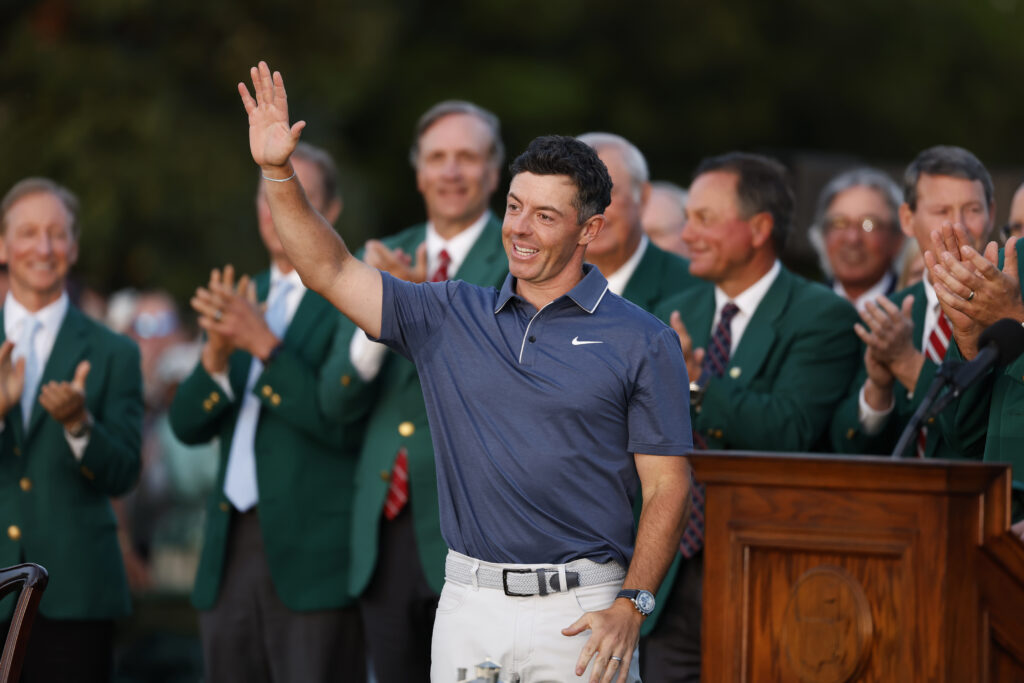Rory McIlroy of Northern Ireland reacts during the Green Jacket Ceremony after the final round of the 2025 Masters Tournament at Augusta National Golf Club
