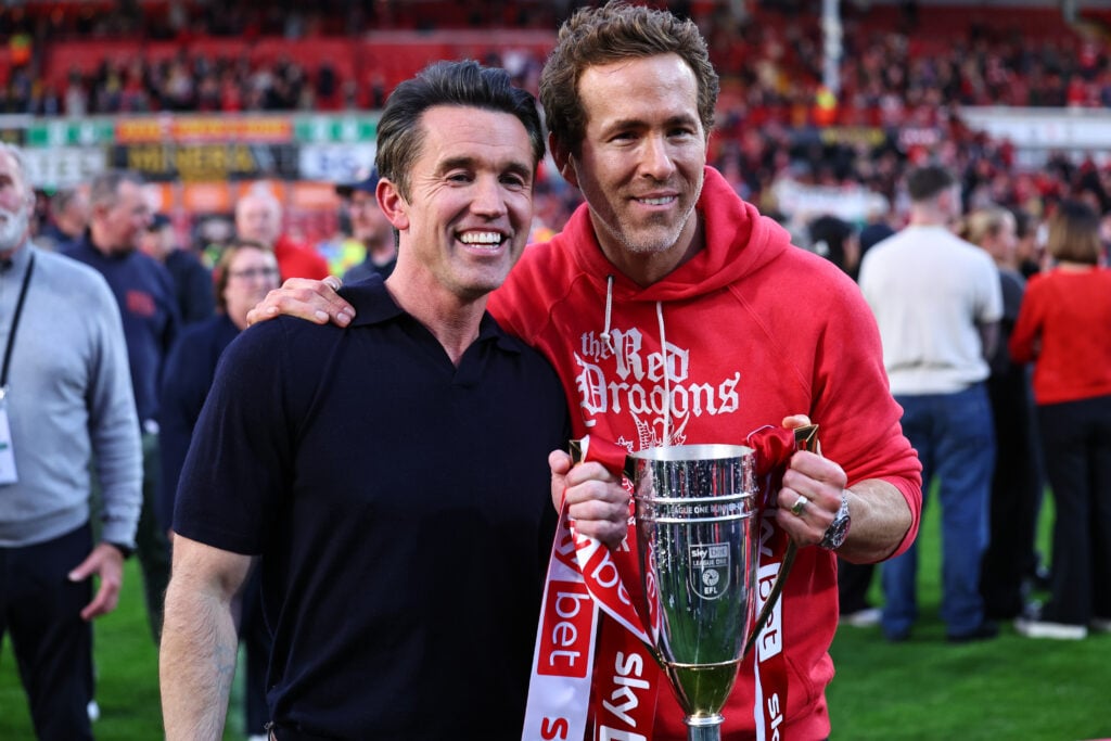Rob McElhenney and Ryan Reynolds co-owner sof Wrexham ahead od the Sky Bet League One match between Wrexham AFC and Charlton Athletic FC.