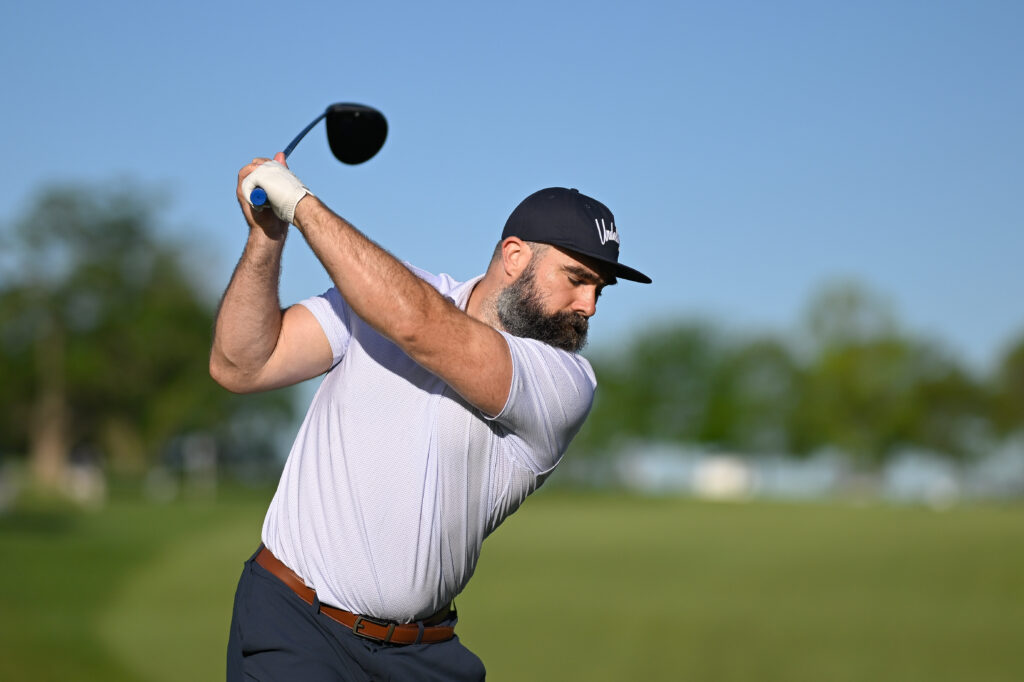 Jason Kelce, former NFL player, plays during the Pro-AM, prior to the Truist Championship at The Philadelphia Cricket Club
