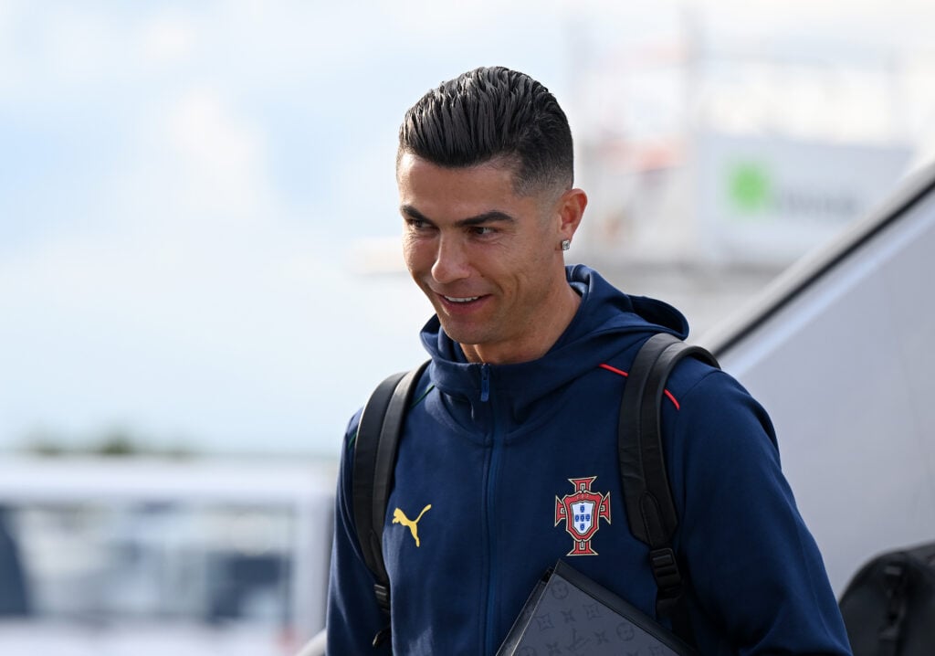 Cristiano Ronaldo of Portugal leaves the Portugal team plane prior to the Portugal Training Session And Press Conference ahead of the UEFA Nations League 2025 Semi-final between Germany and Portugal on June 03, 2025 in Munich, Germany.
