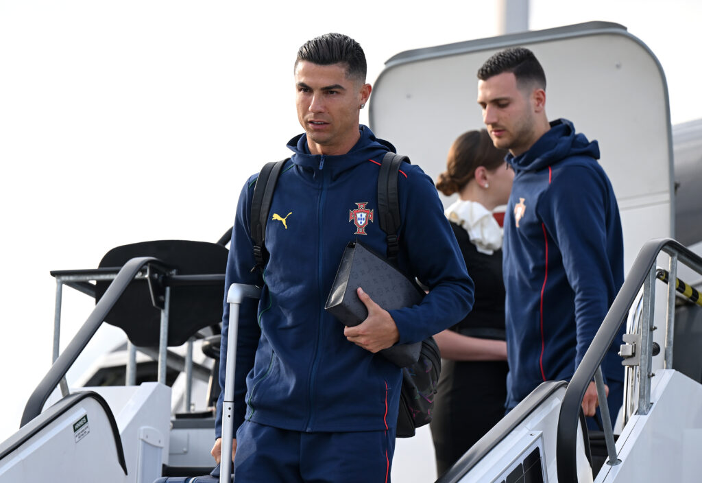 Cristiano Ronaldo of Portugal leaves the Portugal team plane prior to the Portugal Training Session And Press Conference ahead of the UEFA Nations League 2025 Semi-final between Germany and Portugal on June 03, 2025 in Munich, Germany.