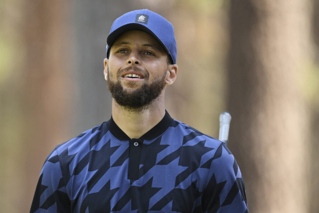 Stephen Curry stands in the 16th tee box during the final round of the American Century Championship at Edgewood Tahoe Golf Course.