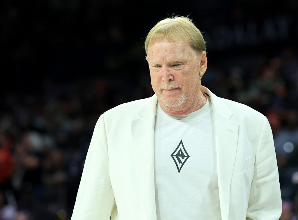Las Vegas Raiders owner and managing general partner and Las Vegas Aces owner Mark Davis walks on a baseline at halftime of a game between the Aces and the Golden State Valkyries at Michelob ULTRA Arena.