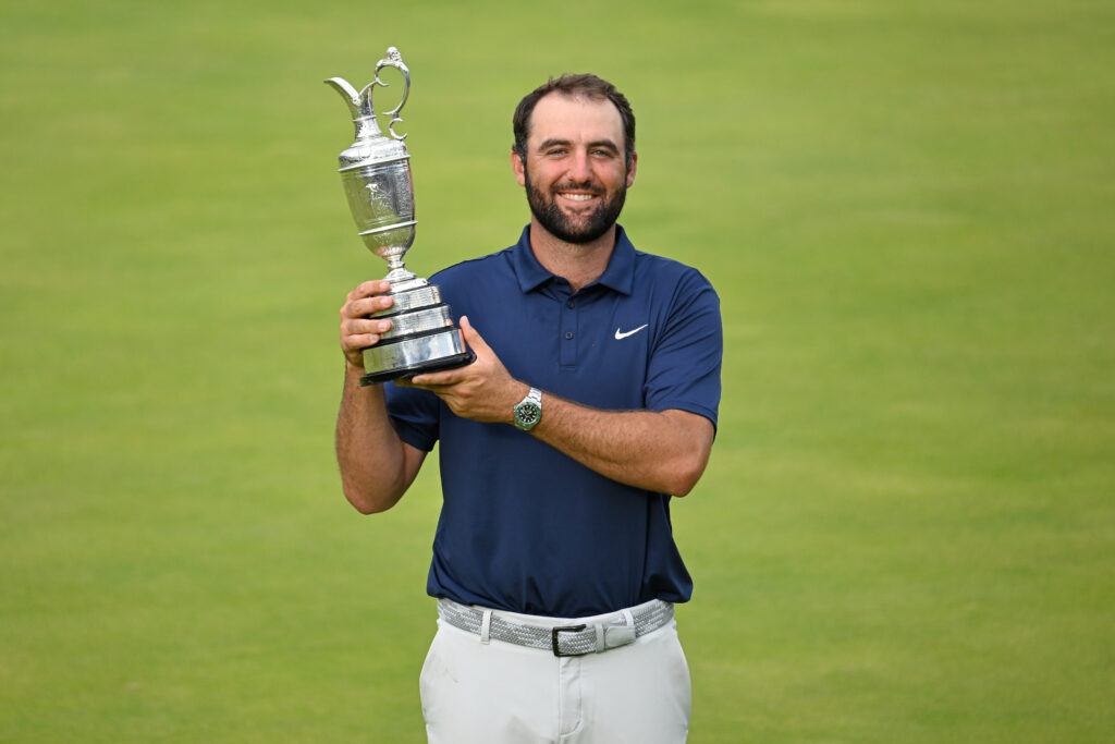 Scottie Scheffler lifts the Claret Jug after winning The Open Championship