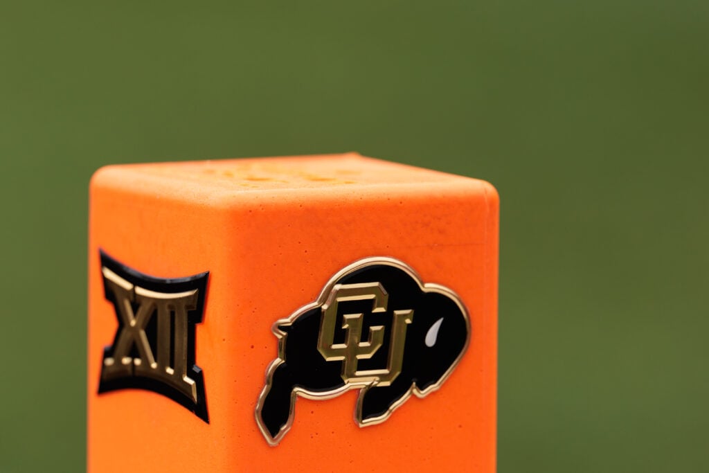 A detailed view of a pylon with the Colorado Buffaloes and Big 12 Conference logos prior to the game between the Colorado Buffaloes and the Georgia Tech Yellow Jackets at Folsom Field on August 29, 2025 in Boulder, Colorado.