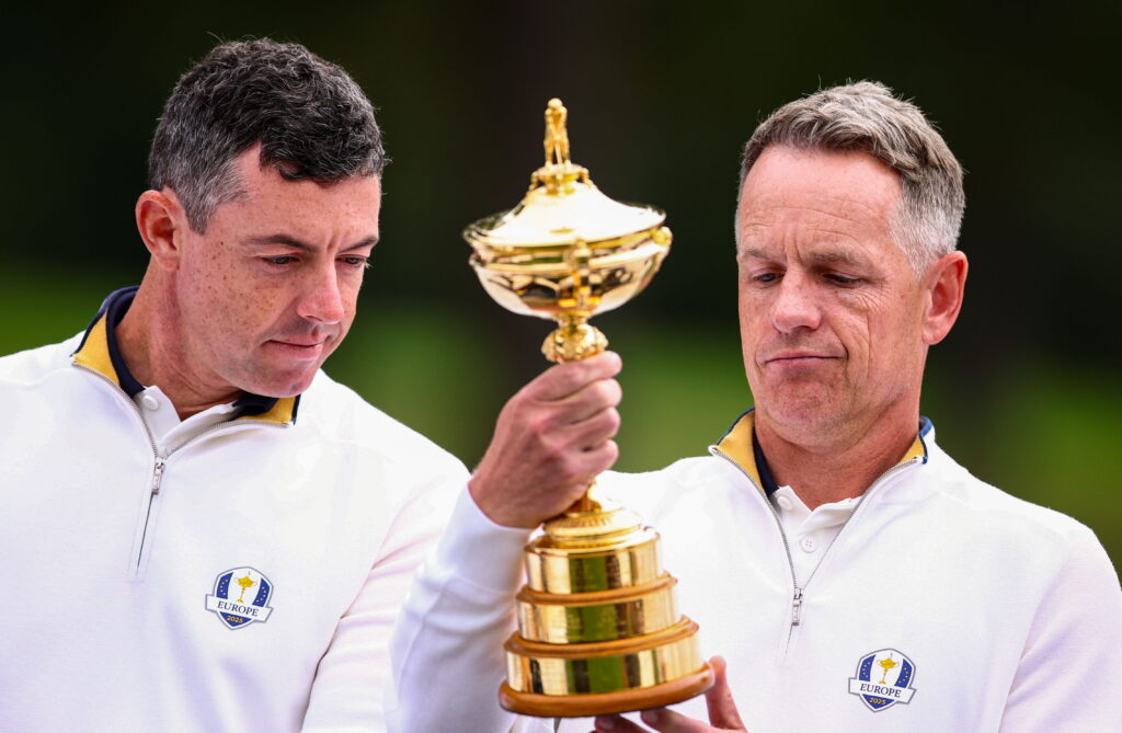 Rory McIlroy, left, and captain Luke Donald during a Europe team photocall before the 2025 Ryder Cup Bethpage Black