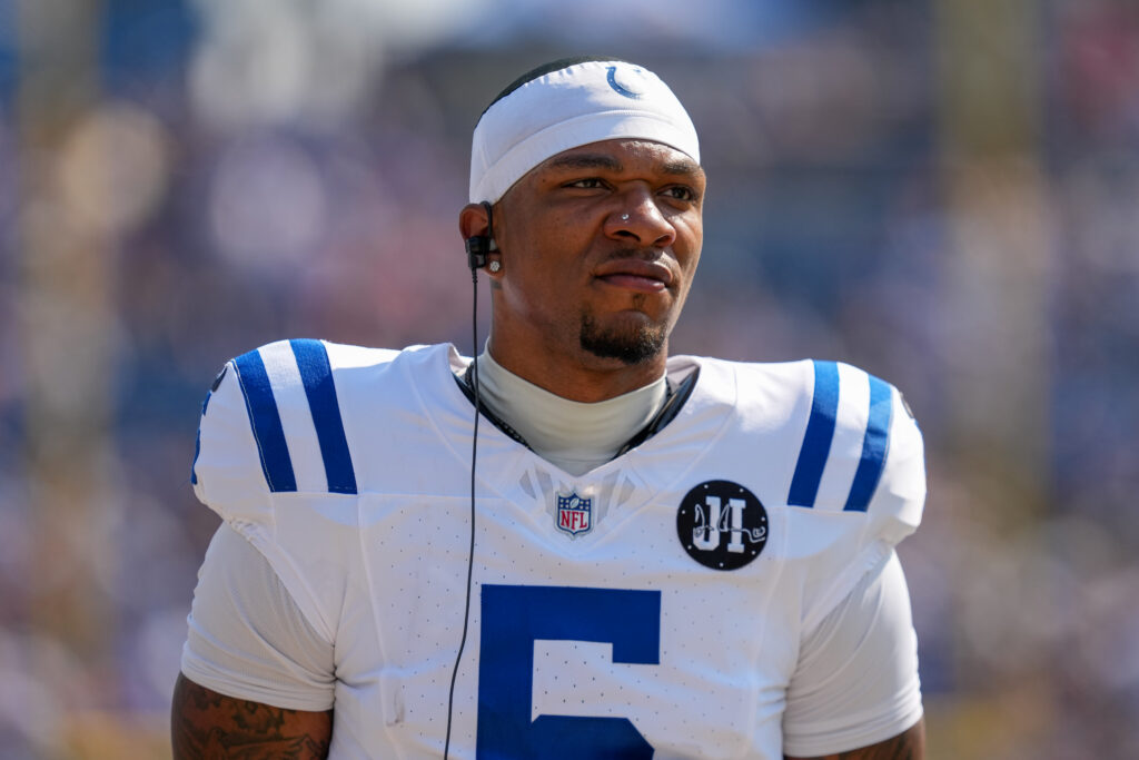 Anthony Richardson Sr. #5 of the Indianapolis Colts looks on in the fourth quarter against the Tennessee Titans at Nissan Stadium.