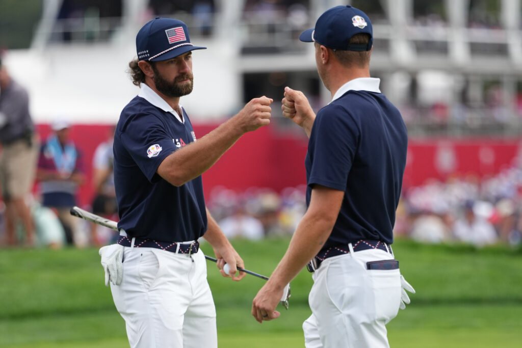 Cameron Young and Justin Thomas during the Saturday afternoon session at the 2025 Ryder Cup