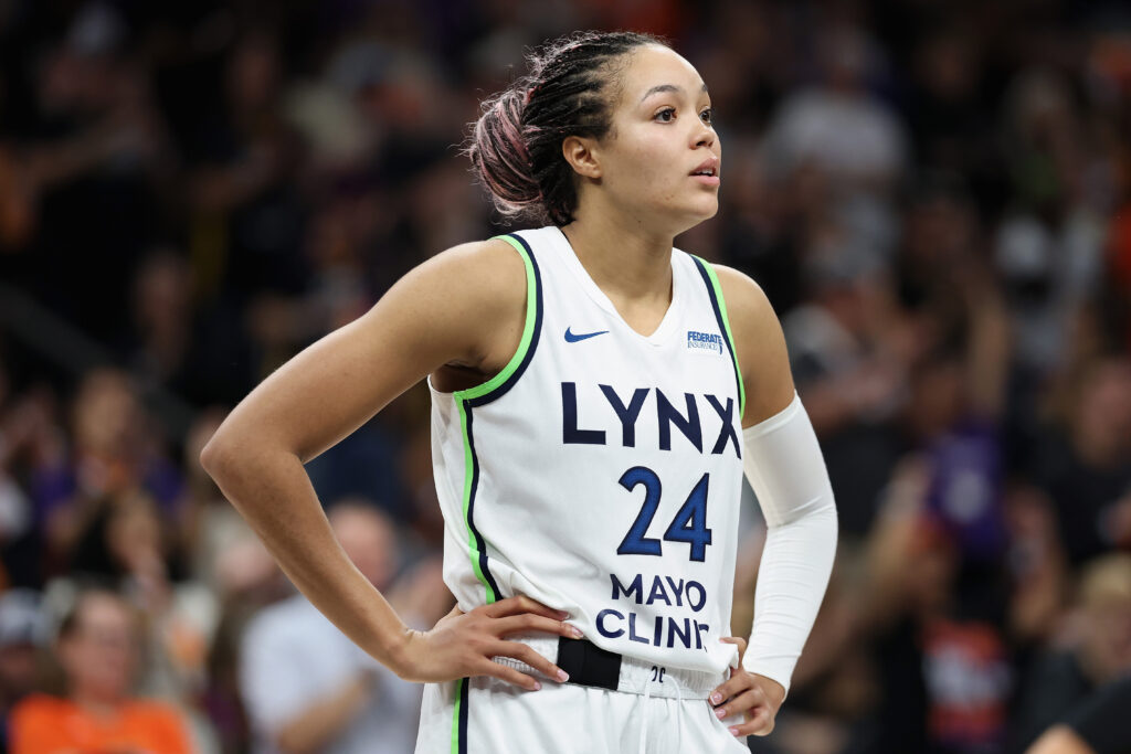 Napheesa Collier #24 of the Minnesota Lynx reacts during the second half of Game Three of the 2025 WNBA Playoffs semifinals at PHX Arena.