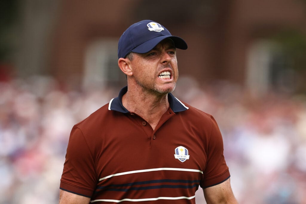 Rory McIlroy of Team Europe reacts on the 14th green during the Saturday afternoon four-balls matches of the 2025 Ryder Cup at Black Course at Bethpage State Park Golf Course
