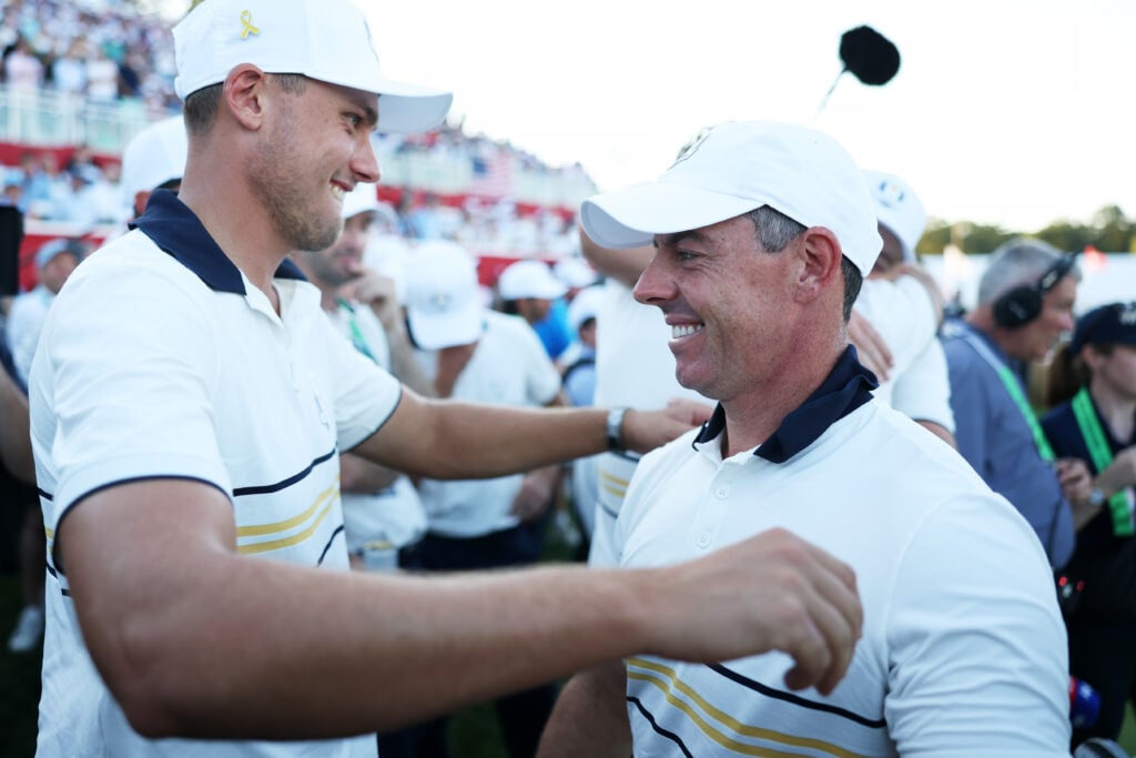 Rory McIlroy and Ludvig Aberg celebrate after Europe's victory at the 2025 Ryder Cup