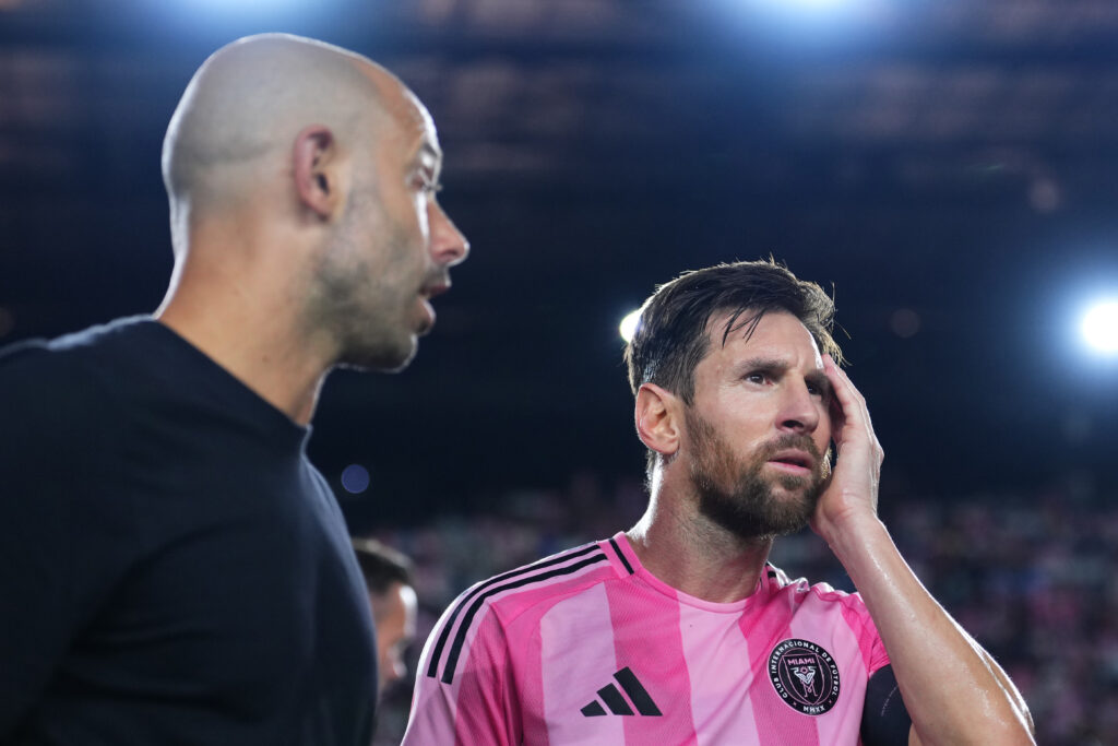 Lionel Messi #10 of Inter Miami CF chats with Javier Mascherano, Head Coach of Inter Miami CF, after the MLS Inter Miami CF and Atlanta United at Chase Stadium.
