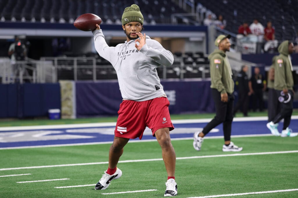 Kyler Murray (1) of the Arizona Cardinals warms up prior to an NFL football game against Dallas Cowboys at AT&T Stadium on November 3, 2025 in Arlington,Texas.
