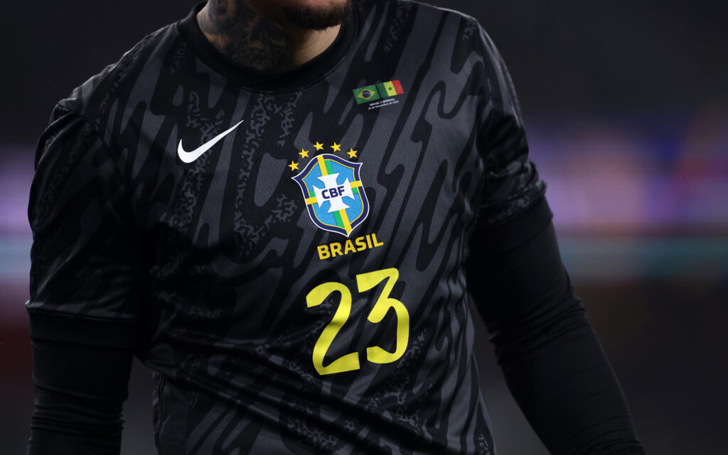 Detailed view of the Brazil badge on the shirt of Ederson of Brazil during the International Friendly between Brazil and Senegal at Emirates Stadium.