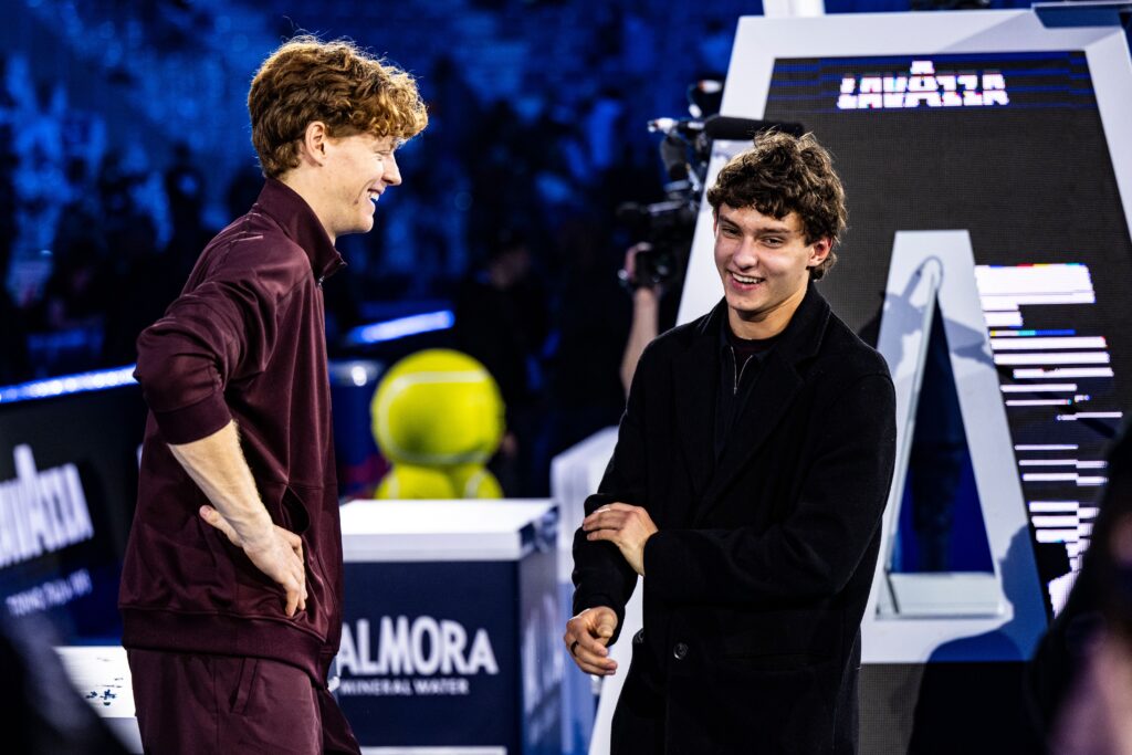 Jannik Sinner and Kimi Antonelli chatting at the Nitto ATP Finals 2025.