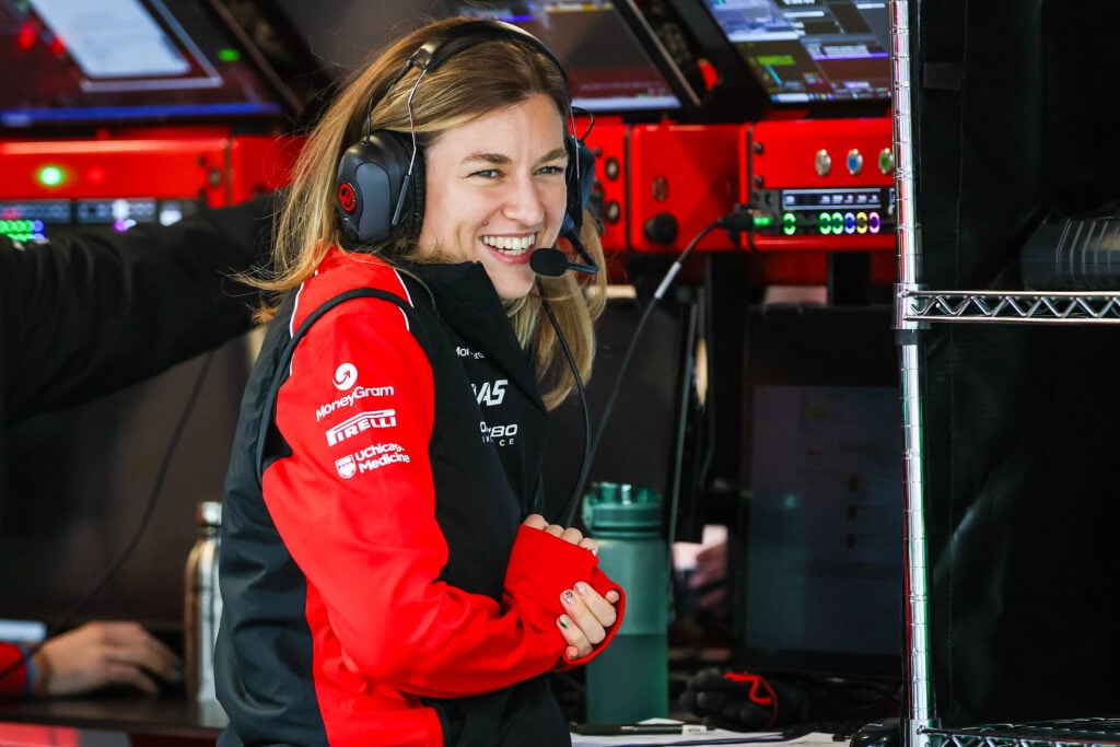 Race engineer Laura Mueller of Haas sits in the garage during qualifying for the 2025 Las Vegas Grand Prix