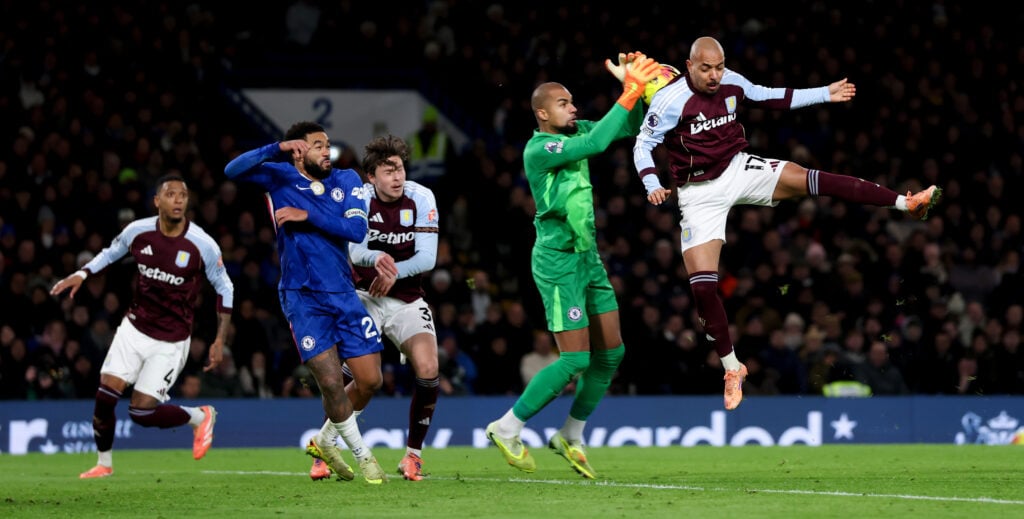 Donyell Malen of Aston Villa in action during the Premier League match between Chelsea and Aston Villa at Stamford Bridge on December 27, 2025 in London, England.