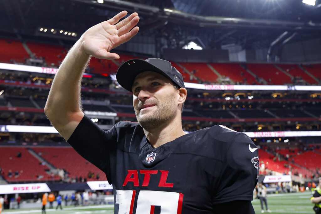 Kirk Cousins #18 of the Atlanta Falcons reacts following the Falcons 19-17 victory over the New Orleans Saints at Mercedes-Benz Stadium.