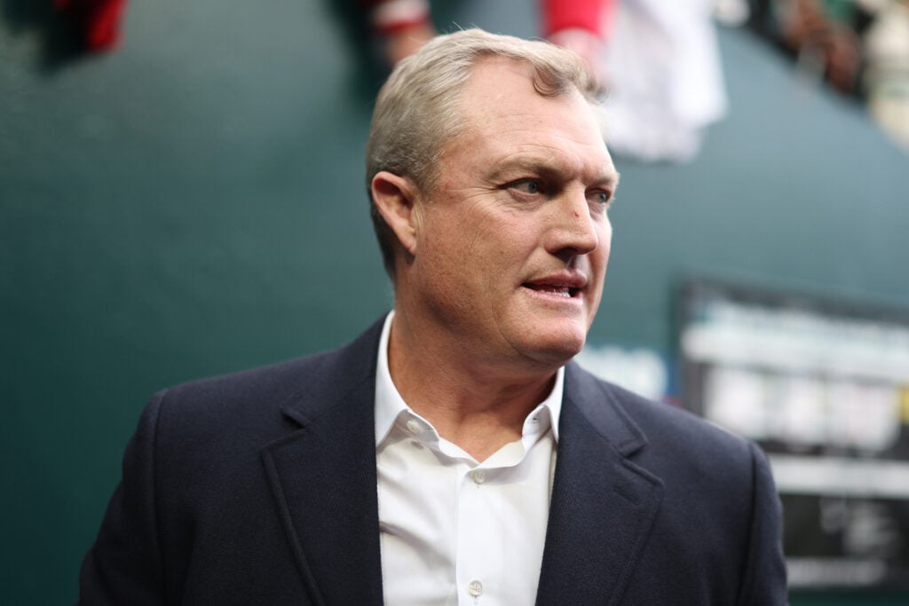 General manger John Lynch of the San Francisco 49ers looks on prior to in the NFC Wild Card Playoff game against the Philadelphia Eagles at Lincoln Financial Field.