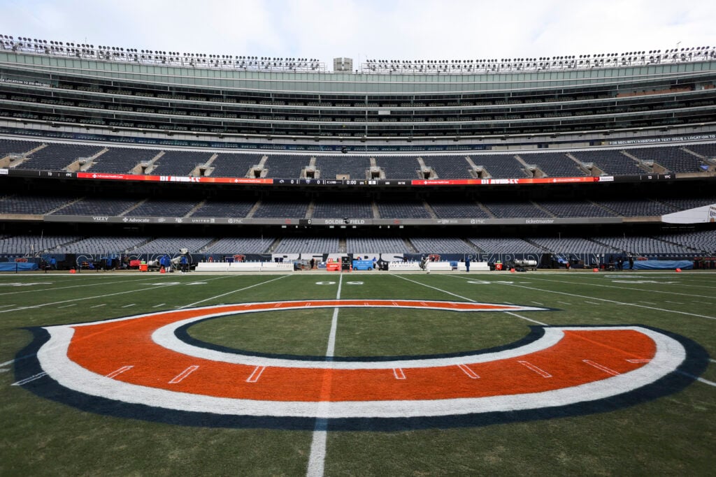 A detail view of the Chicago Bears logo at Soldier Field prior to an NFL divisional playoff football game between the Chicago Bears and the Los Angeles Rams at Soldier Field on January 18, 2026 in Chicago, Illinois.