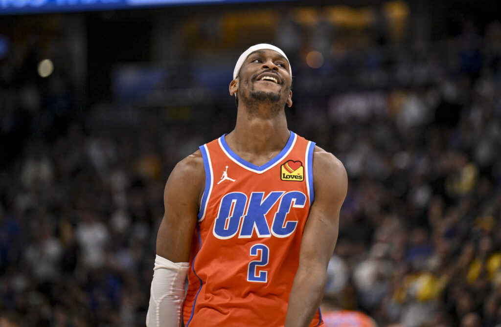 Shai Gilgeous-Alexander (2) of the Oklahoma City Thunder reacts to being whistled for an offensive foul during the second quarter against the Denver Nuggets at Ball Arena.