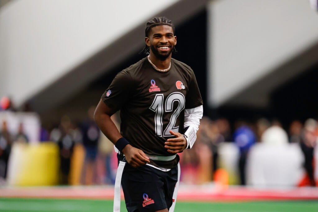 Shedeur Sanders #12 of the Cleveland Browns smiles during the 2026 NFL Pro Bowl game between the AFC and the NFC at the Moscone Center South.