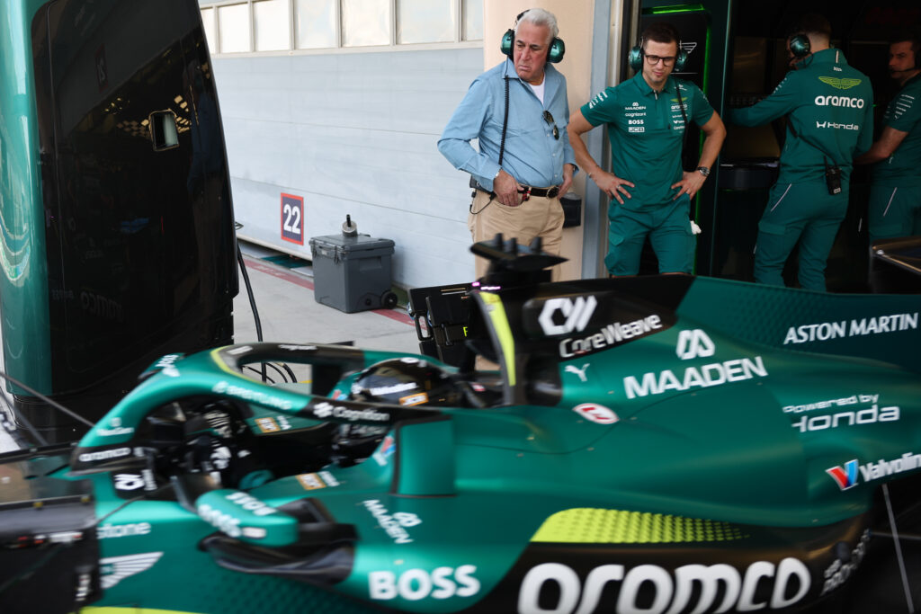 Lawrence Stroll and Lance Stroll of Aston Martin Aramco during the Formula 1 pre-season testing at Sakhir Circuit in Sakhir, Bahrain on February 11, 2026.