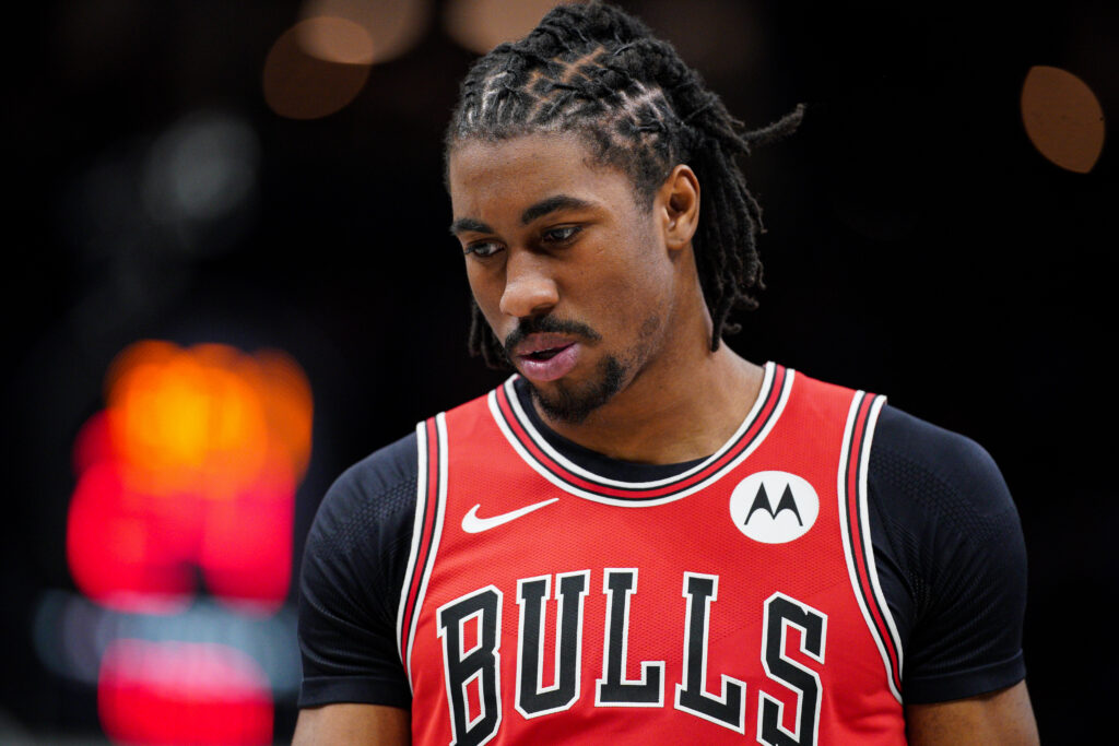 Jaden Ivey #31 of the Chicago Bulls looks on during the game against the Brooklyn Nets at Barclays Center.