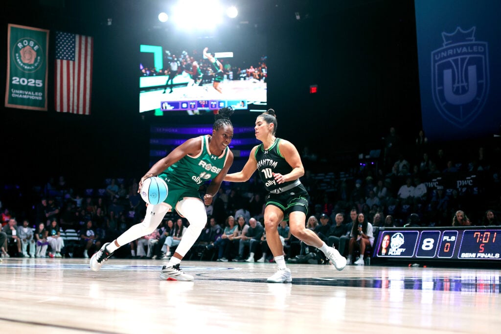 Chelsea Gray #12 of the Rose dribbles the ball against Kelsey Plum #10 of the Phantom during the Semifinals game of the Unrivaled 2026 1-on-1 Tournament presented by Sprite at Sephora Arena on February 14, 2026 in Medley, Florida.