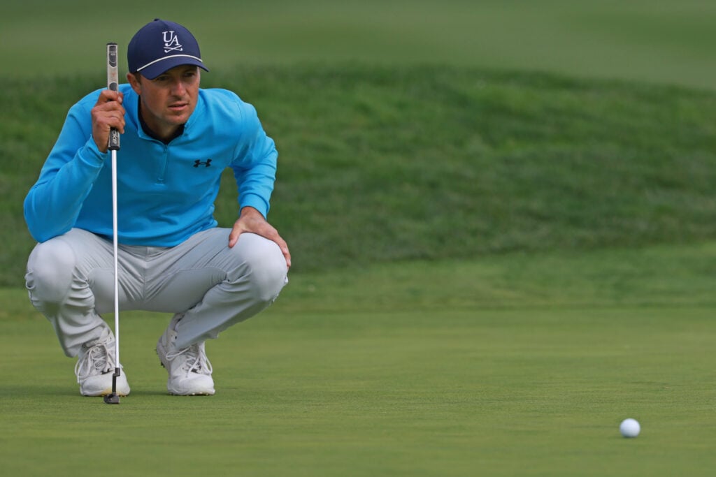 Jordan Spieth on the 18th green during the third round of the AT&T Pebble Beach Pro-Am at Pebble Beach