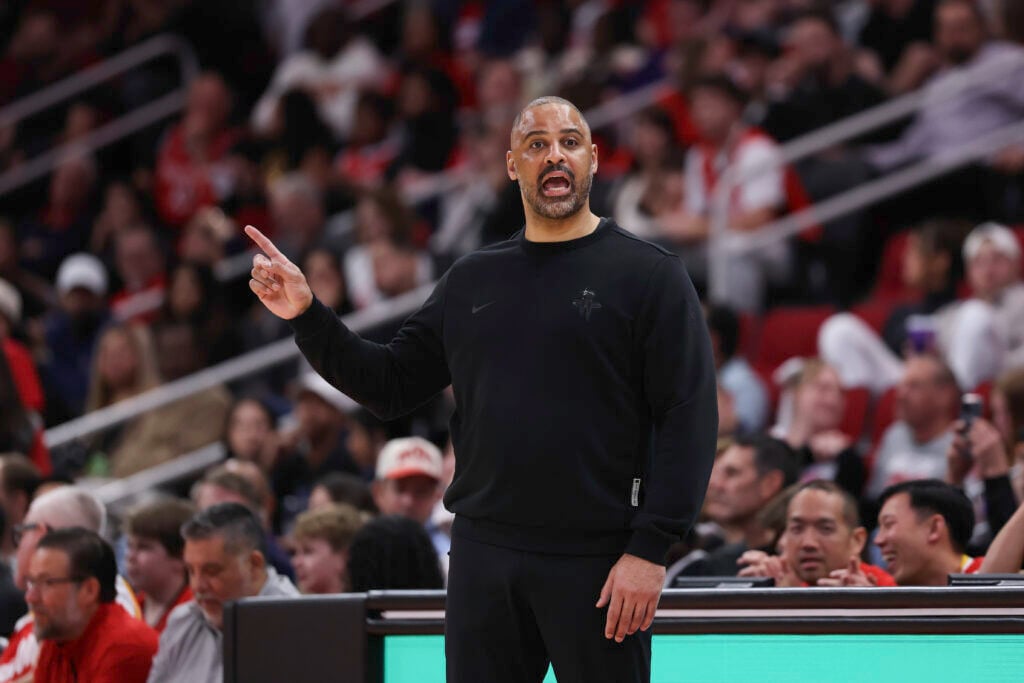 Head coach Ime Udoka of the Houston Rockets looks on against the Los Angeles Clippers during the second half of the game at Toyota Center.