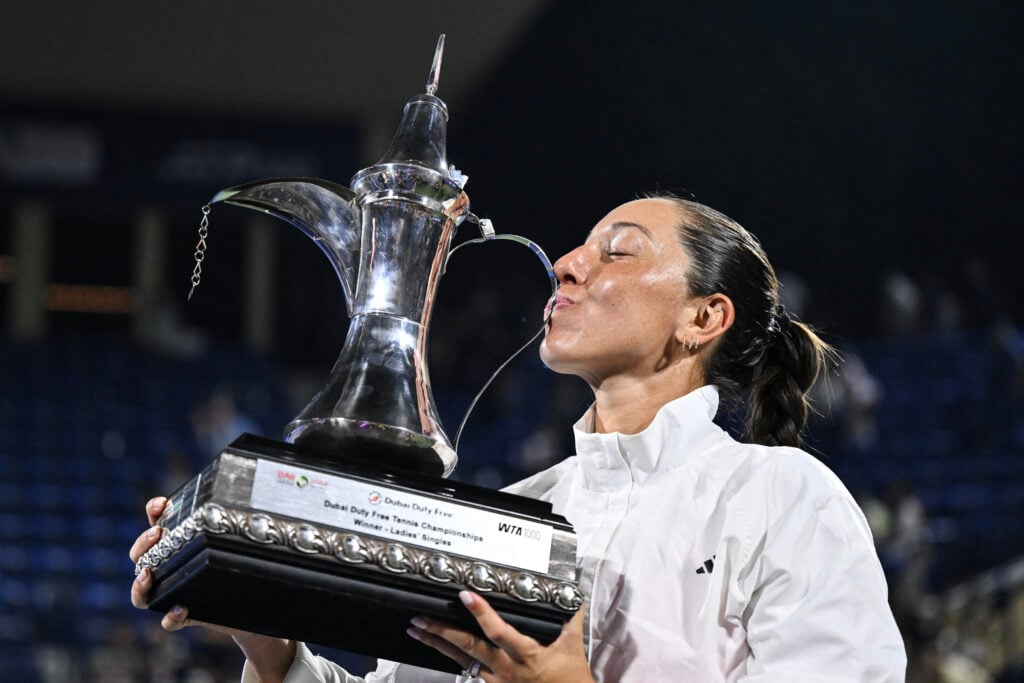 Jessica Pegula celebrates after winning the 2026 Dubai title