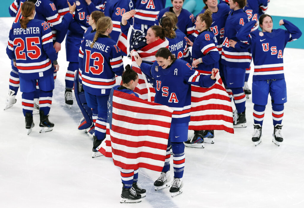 Team USA celebrate winning Olympic gold in Milan, Cortina