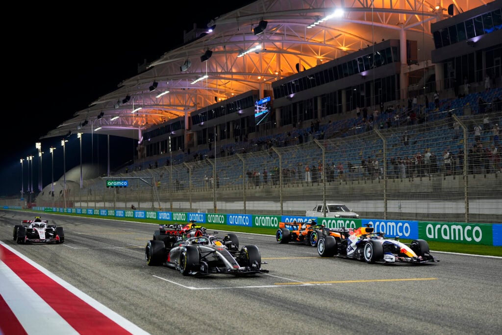 F1 cars line up on the Bahrain circuit grid during 2026 pre-season testing