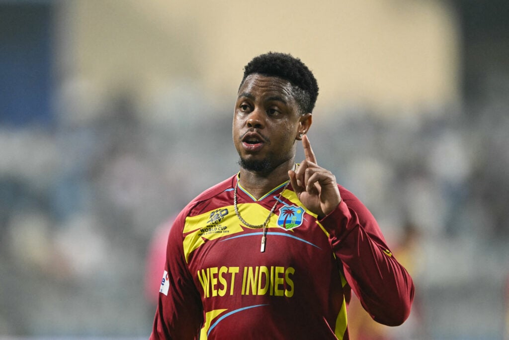 West Indies' Shimron Hetmyer gestures during the 2026 ICC Men's T20 Cricket World Cup Super Eights match between West Indies and Zimbabwe at the Wankhede Stadium.