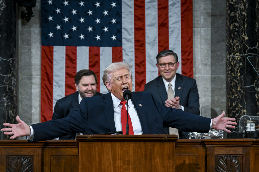 U.S. President Donald Trump delivers the State of the Union address during a joint session of Congress in the House Chamber at the Capitol on February 24, 2026 in Washington, DC. Trump delivered his address days after the Supreme Court struck down the administration's tariff strategy, and amid a U.S. military buildup in the Persian Gulf threatening Iran.