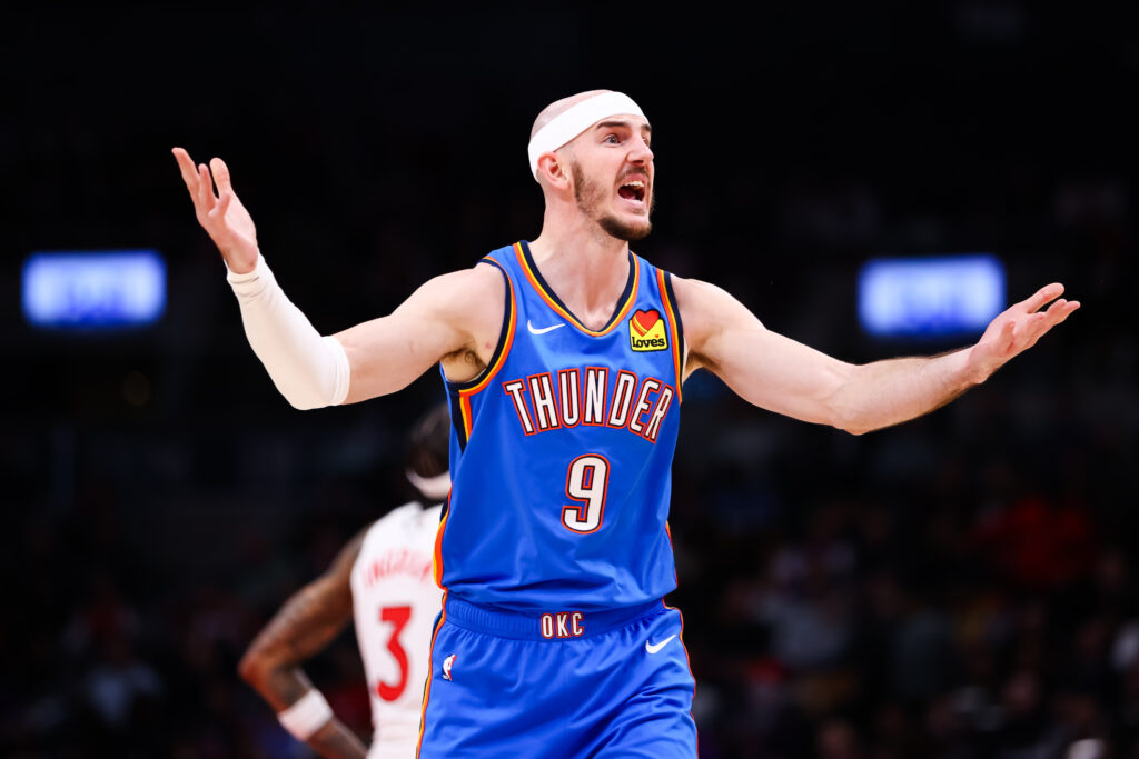 Alex Caruso #9 of the Oklahoma City Thunder reacts during the second half of their NBA game against the Toronto Raptors at Scotiabank Arena.