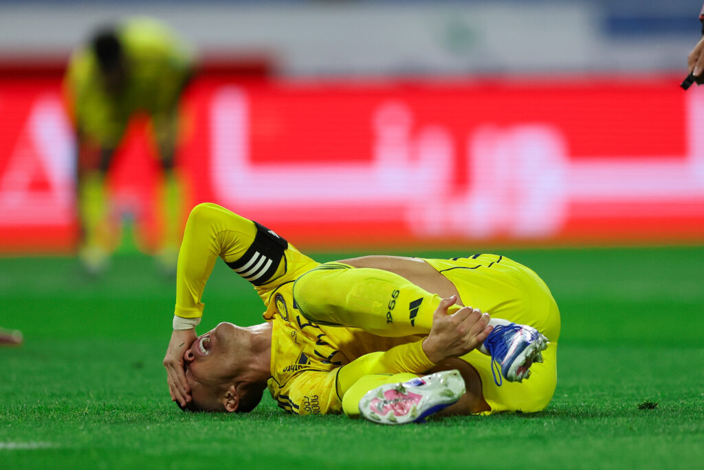 Cristiano Ronaldo of Al Nassr reacts during the Saudi Pro League match between Al Najmah and Al Nassr at King Abdullah Sport City Stadium on February 25, 2026 in Buraydah, Saudi Arabia.