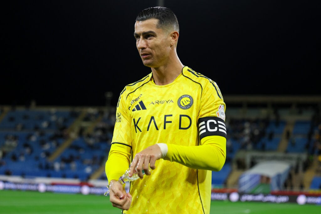 Cristiano Ronaldo of Al Nassr looks on during the Saudi Pro League match between Al Najmah and Al Nassr at King Abdullah Sport City Stadium.