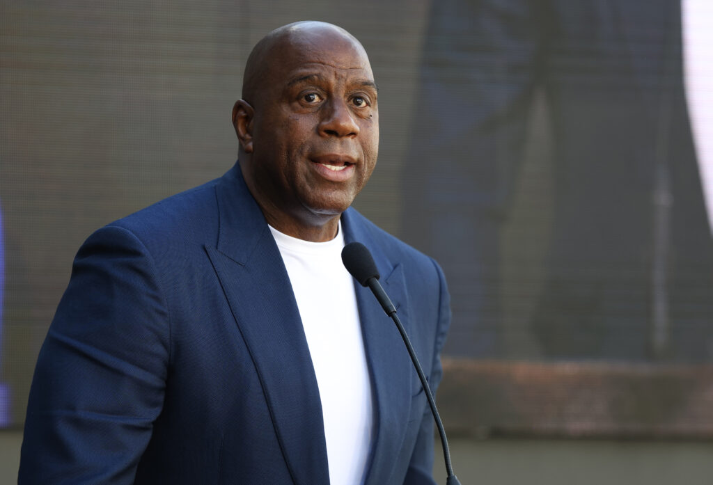 Earvin "Magic" Johnson speaks during the unveiling of Los Angeles Lakers former head coach Pat Riley statue at Crypto.com Arena