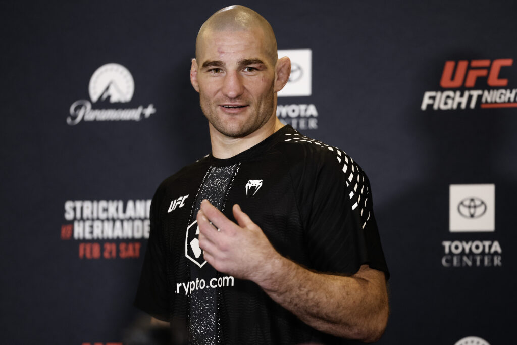 Sean Strickland speaks in the press conference after defeating Anthony Hernandez during UFC Fight Night at Toyota Center on February 21, 2026 in Houston, Texas.