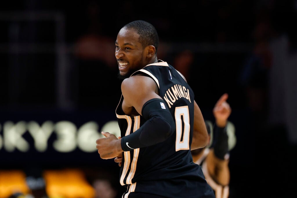 Jonathan Kuminga #0 of the Atlanta Hawks reacts during the third quarter against the Washington Wizards at State Farm Arena on February 26, 2026.