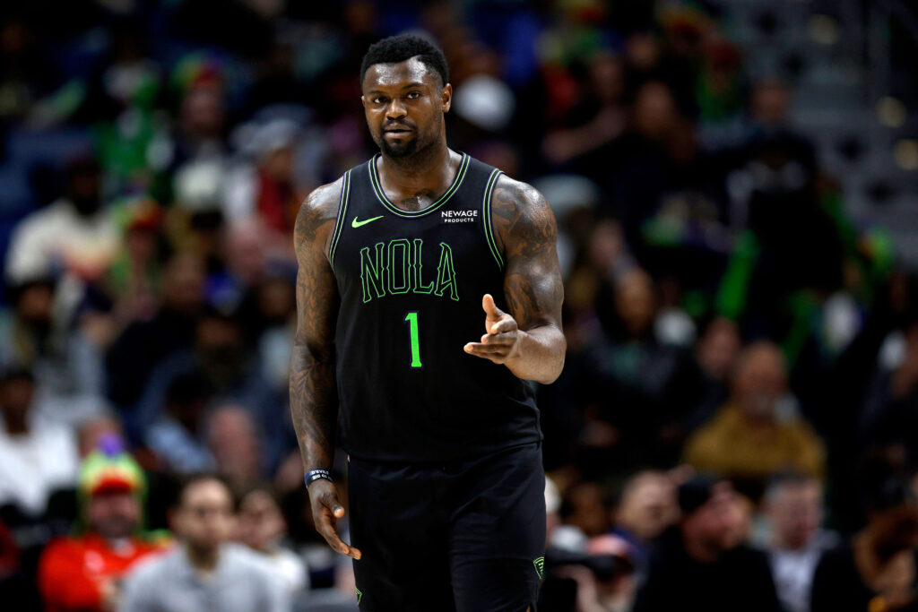 Zion Williamson #1 of the New Orleans Pelicans reacts after scoring during the second quarter of an NBA game against the Golden State Warriors at Smoothie King Center on February 24, 2026 in New Orleans, Louisiana.