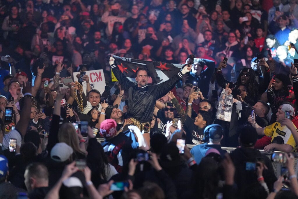CM Punk makes his way to the ring during WWE Elimination Chamber at the United Center on February 28, 2026 in Chicago, Illinois.