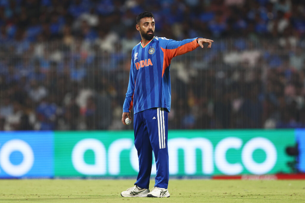 Varun Chakaravarthy of India gestures during the ICC Men's T20 World Cup India & Sri Lanka 2026 Super 8 match between India and Zimbabwe at MA Chidambaram Stadium.