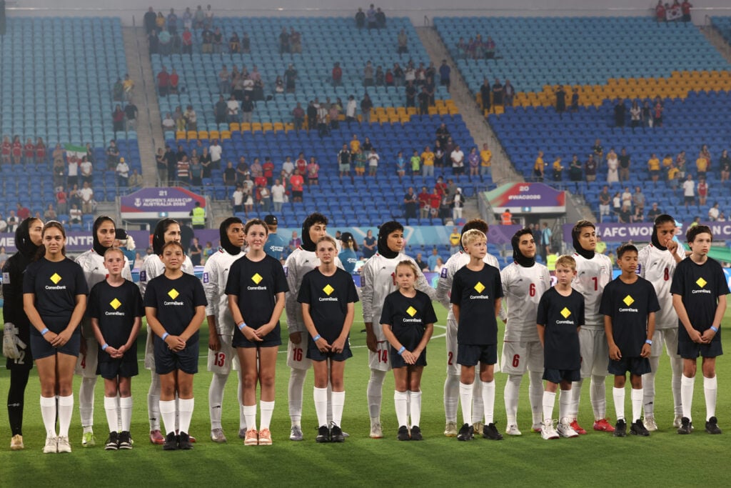 Team Iran listen national anthems before the AFC Women's Asian Cup Australia 2026 football match between South Korea and Iran in Gold Coast on March 2, 2026.