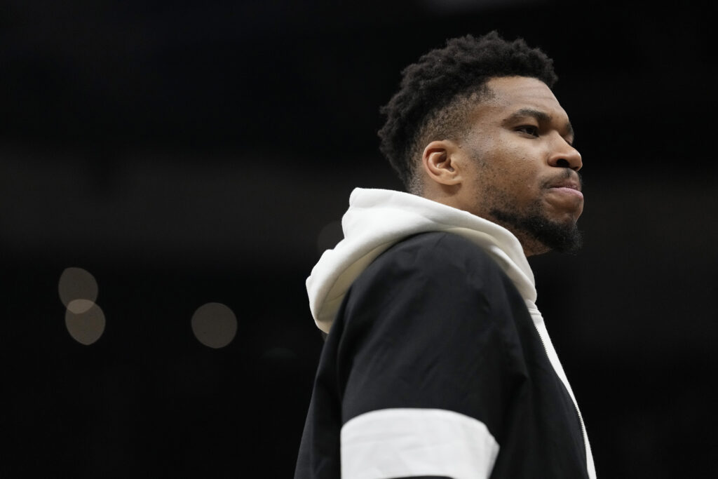 Giannis Antetokounmpo #34 of the Milwaukee Bucks looks on during the first quarter against the New York Knicks at Fiserv Forum on February 27, 2026 in Milwaukee, Wisconsin.