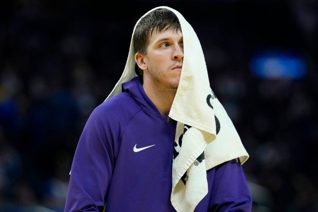 Austin Reaves #15 of the Los Angeles Lakers looks on against the Golden State Warriors in the second half of an NBA basketball game at Chase Center.