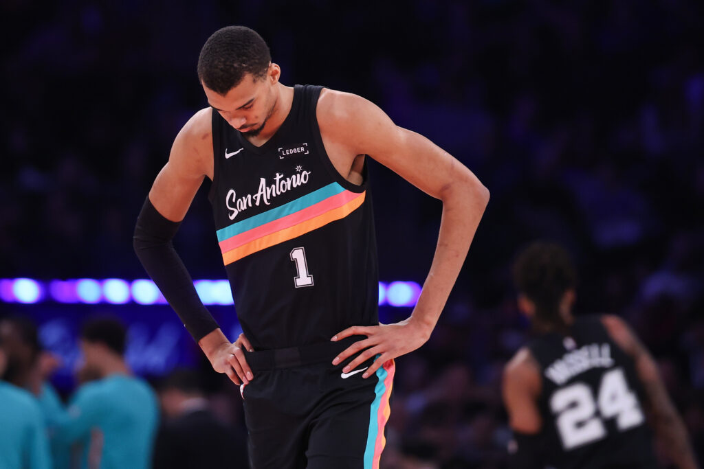 Victor Wembanyama #1 of the San Antonio Spurs looks on during the first quarter of the game against the New York Knicks at Madison Square Garden on March 01, 2026 in New York City.