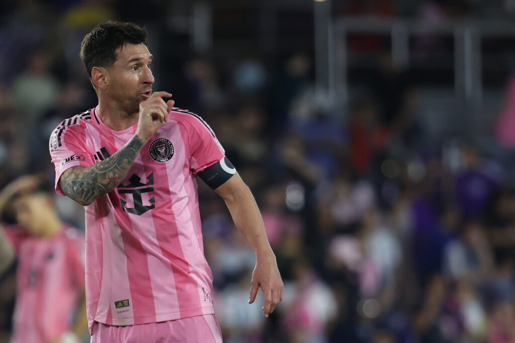 Lionel Messi #10 of Inter Miami CF reacts during the MLS match between Orlando City SC and Inter Miami CF at Inter&Co Stadium on March 01, 2026 in Orlando, Florida.